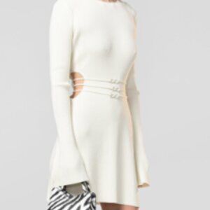 Mach & Mach tri-bow adorned ribbed knit mini dress S - Creme